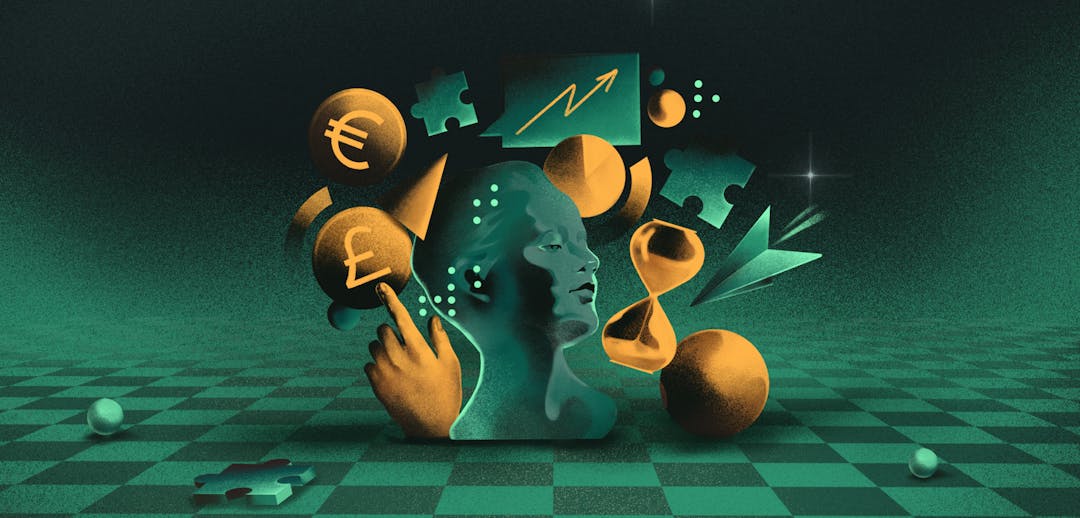 Green abstract head with gold coins and egg timer